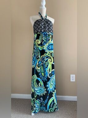 Halter Maxi Dress in Black, Blue & Lime Paisley